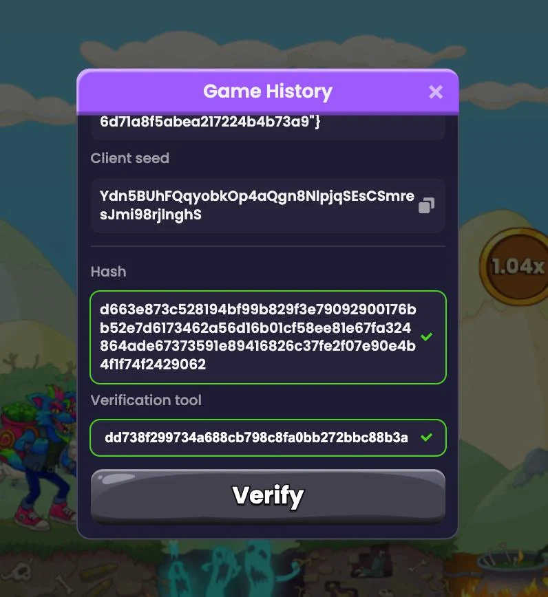 Game History — Hash, Verification tool, кнопка Verify